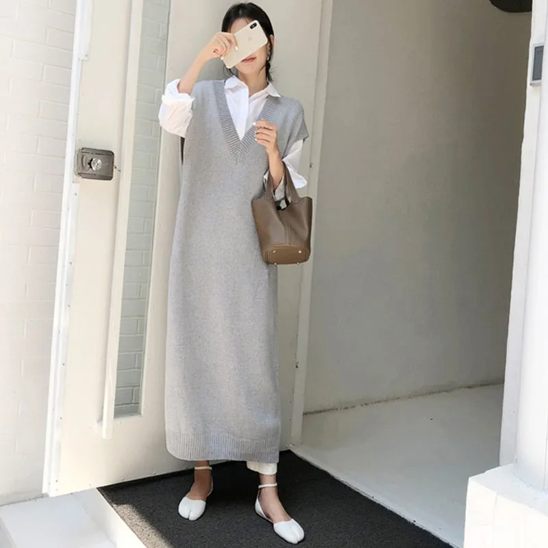 Chic Winter Oversize Straight Sleeveless Sweater Dress