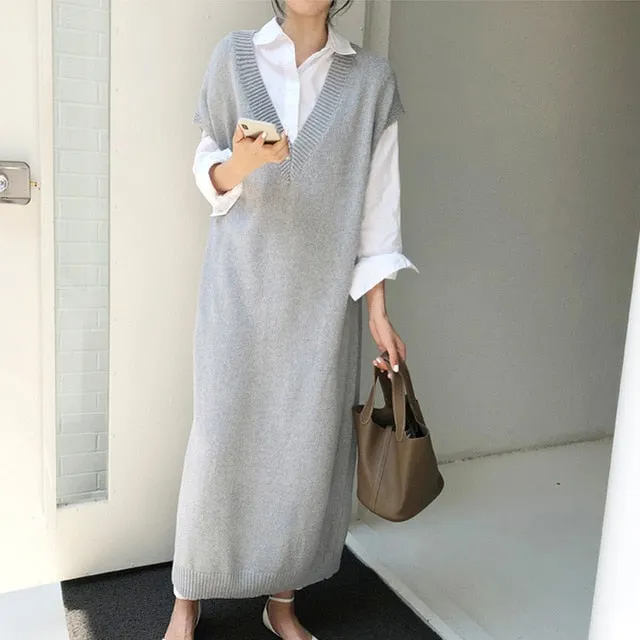 Chic Winter Oversize Straight Sleeveless Sweater Dress