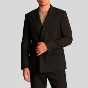 Double Breasted Slim Fit Wool Blazer - Black