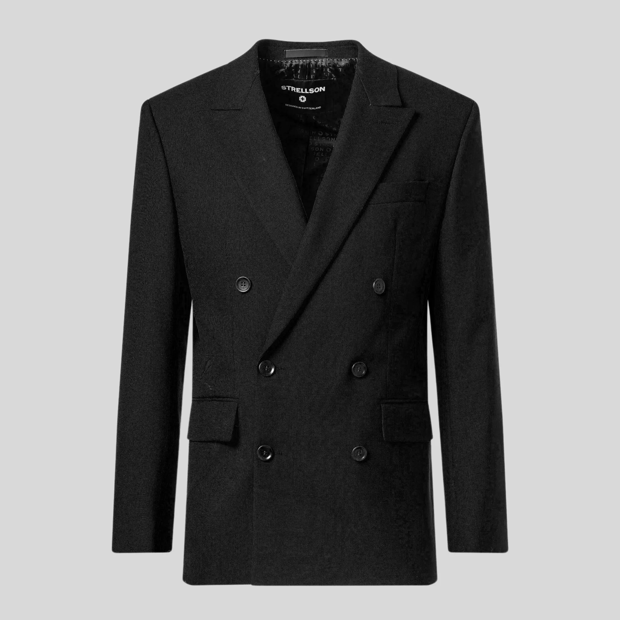 Double Breasted Slim Fit Wool Blazer - Black