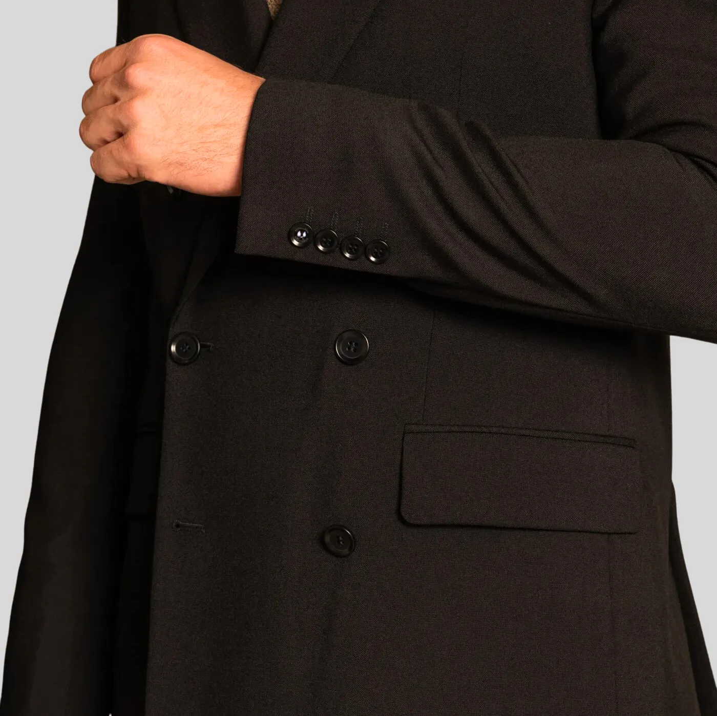 Double Breasted Slim Fit Wool Blazer - Black