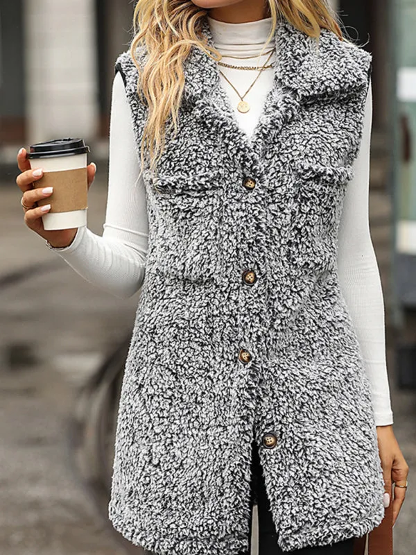 Fluffy Faux-Fur Mid-Length Collar Vest with Flap Pockets