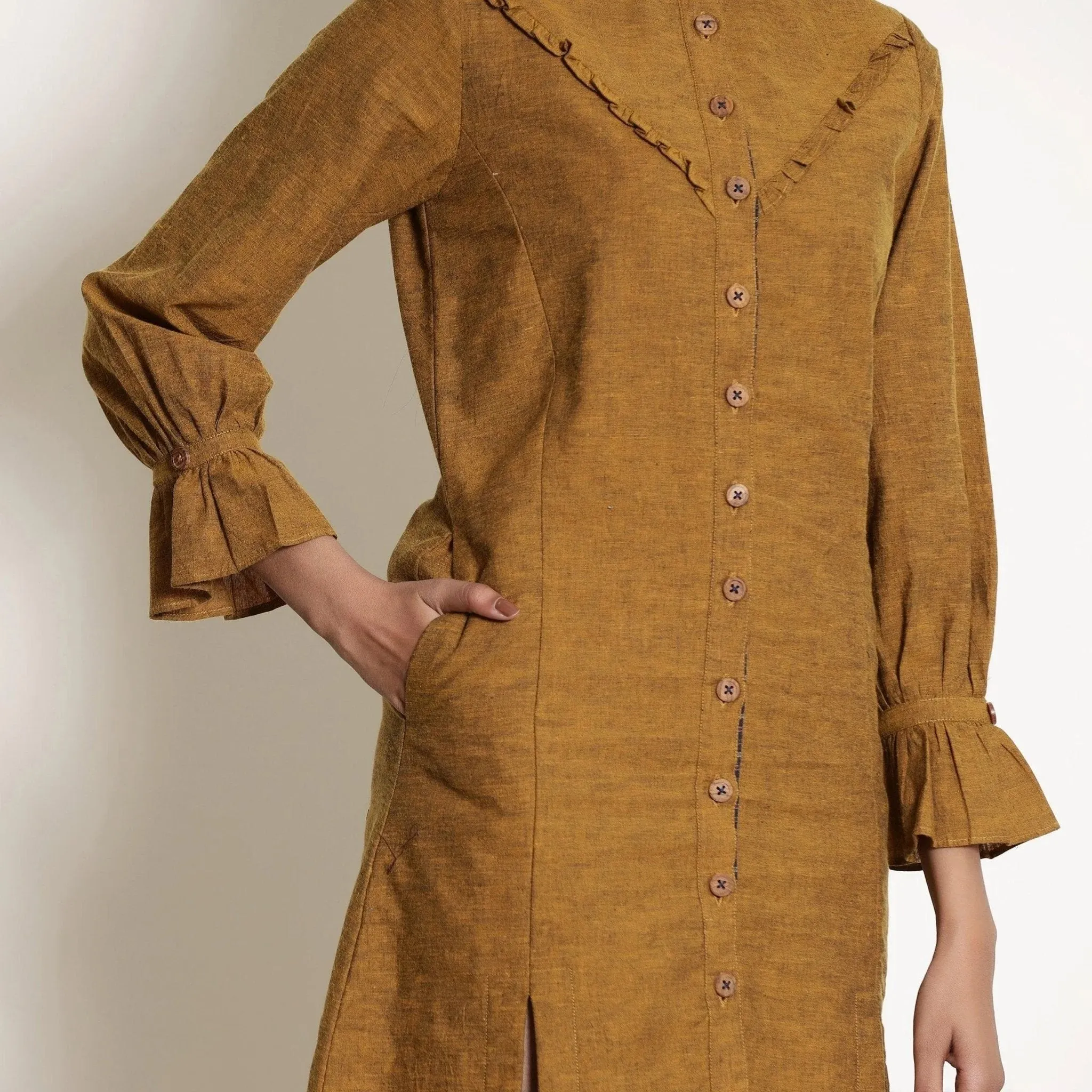 Golden Oak Warm Cotton Frilled Knee Length Dress