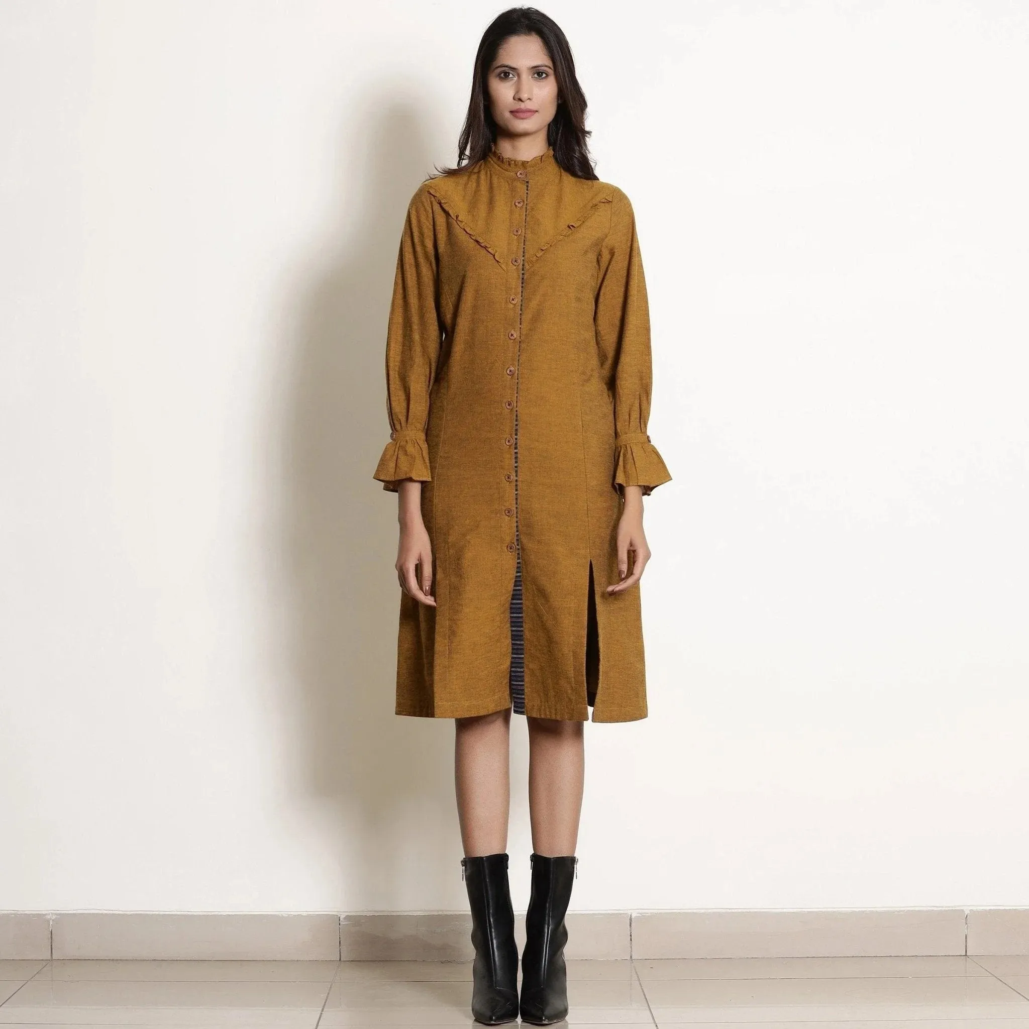 Golden Oak Warm Cotton Frilled Knee Length Dress