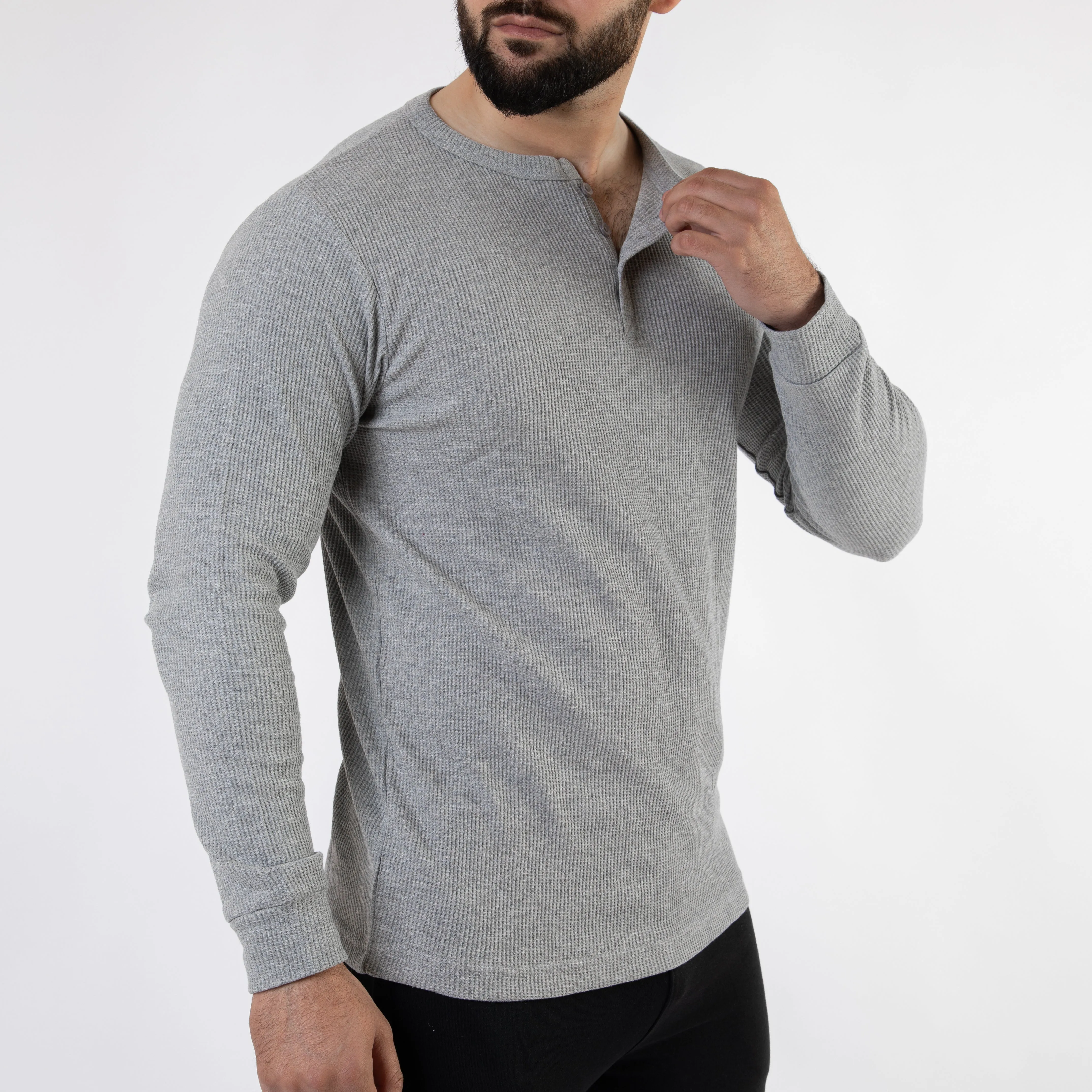 Gray Thermal Waffle-Knit Henley