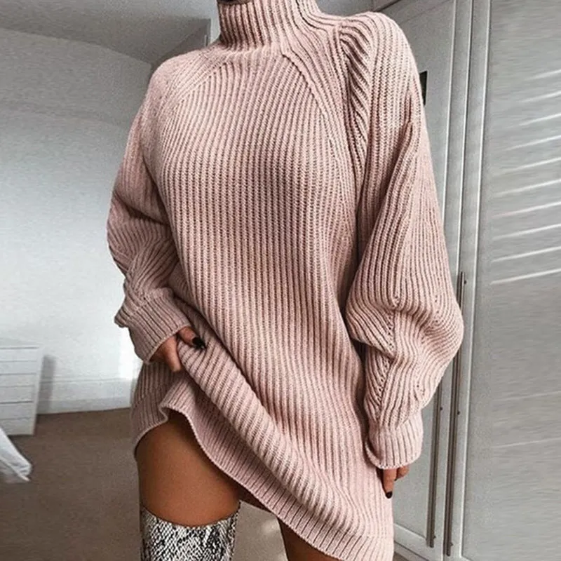 Knitted Raglan Sleeve Half Turtleneck Loose Solid Color Mid-Length Sweater Dress Wholesale Dresses