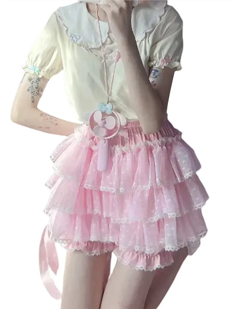 Lace Trim High Waist Tulle Ruffled Layered Pleated Bloomers Skort Beach Music Festival Summer Short