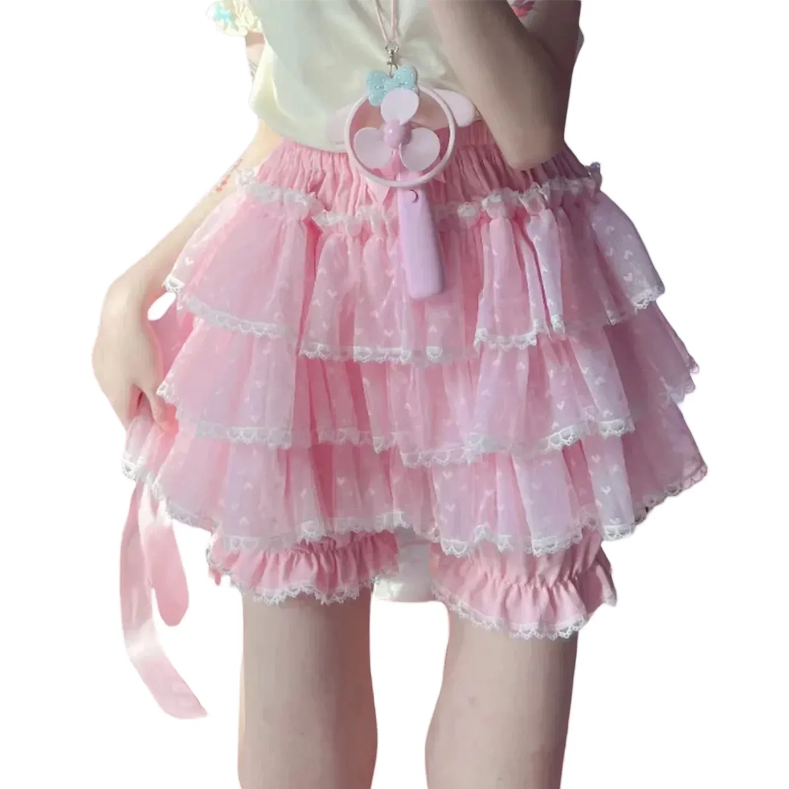 Lace Trim High Waist Tulle Ruffled Layered Pleated Bloomers Skort Beach Music Festival Summer Short