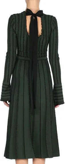 Long-Sleeve Tie-Back Knit Dress, Green/Black