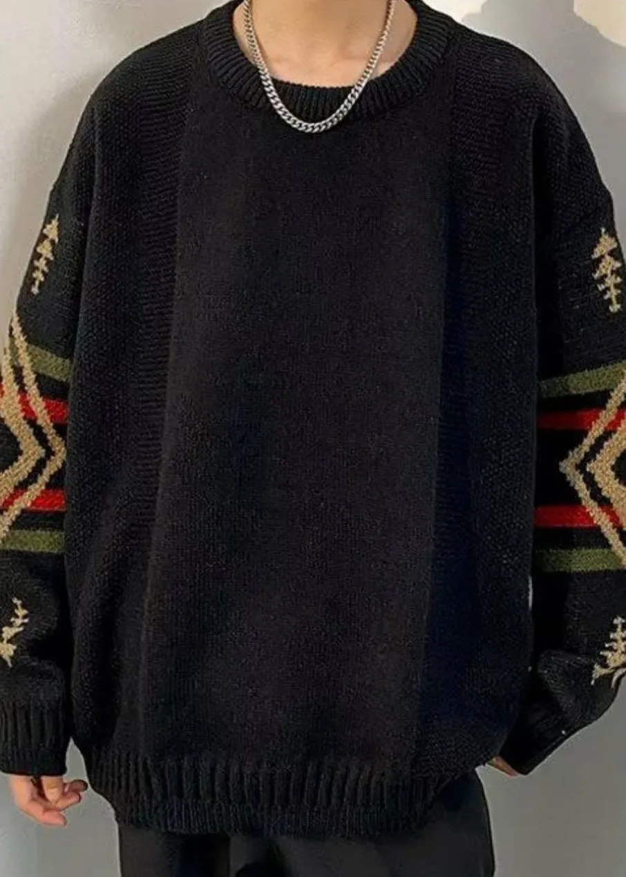 Loose Black Geometric Thick Knit Mens Sweaters Winter QF029