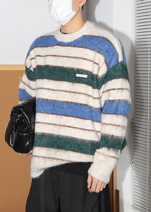 Loose Coffee Striped Thick Cotton Knit Men Sweaters Winter QF026