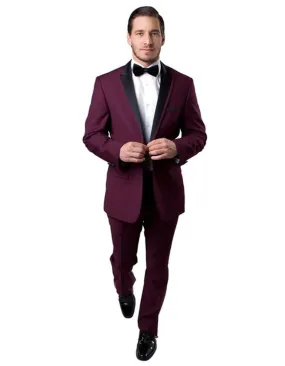 Mens Modern Wool Peak Trim Wedding Tuxedo in Burgundy