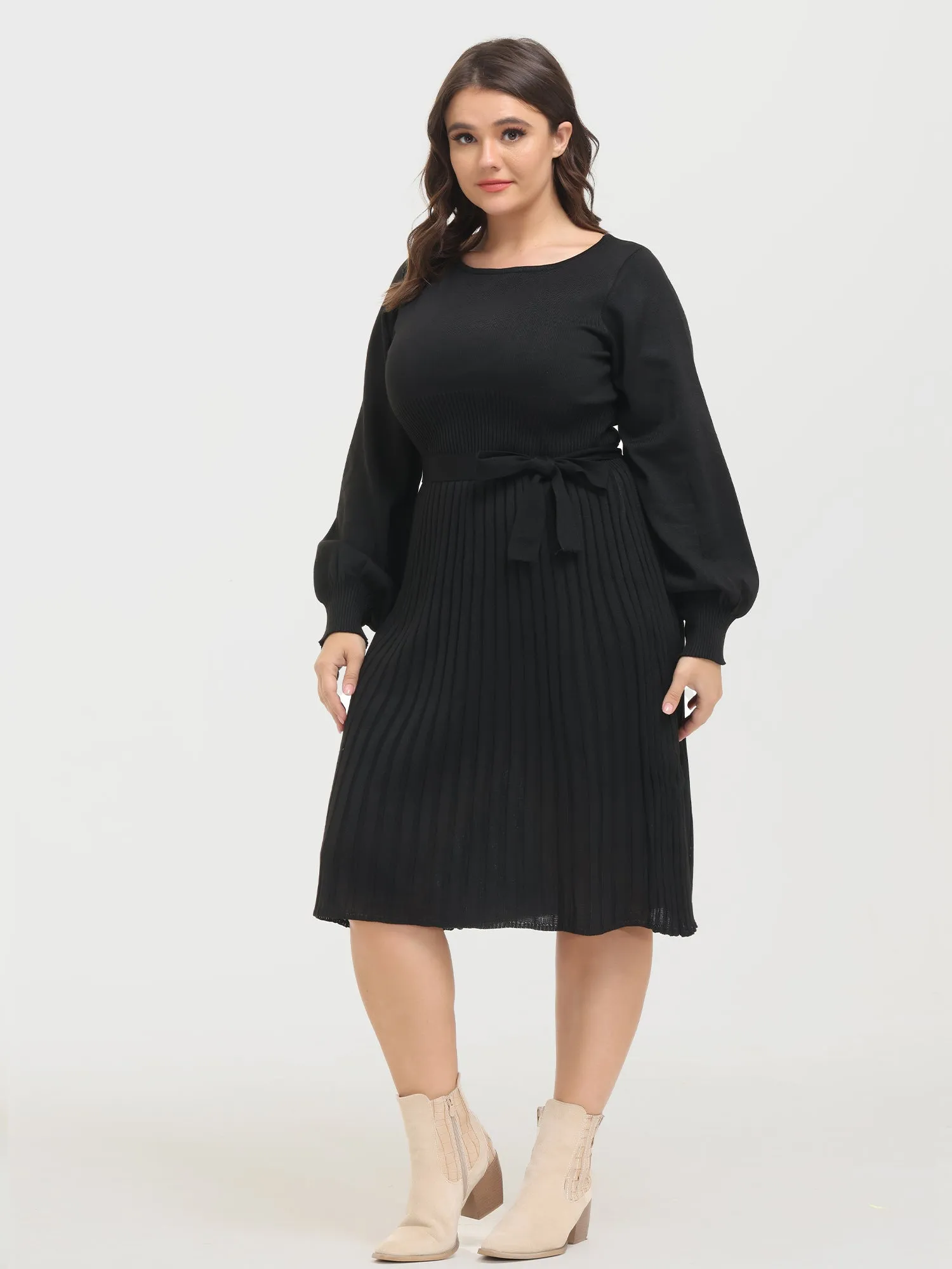 Midsize Puff Sleeve Slim Fit Tie-Up Pleated Knit Dress