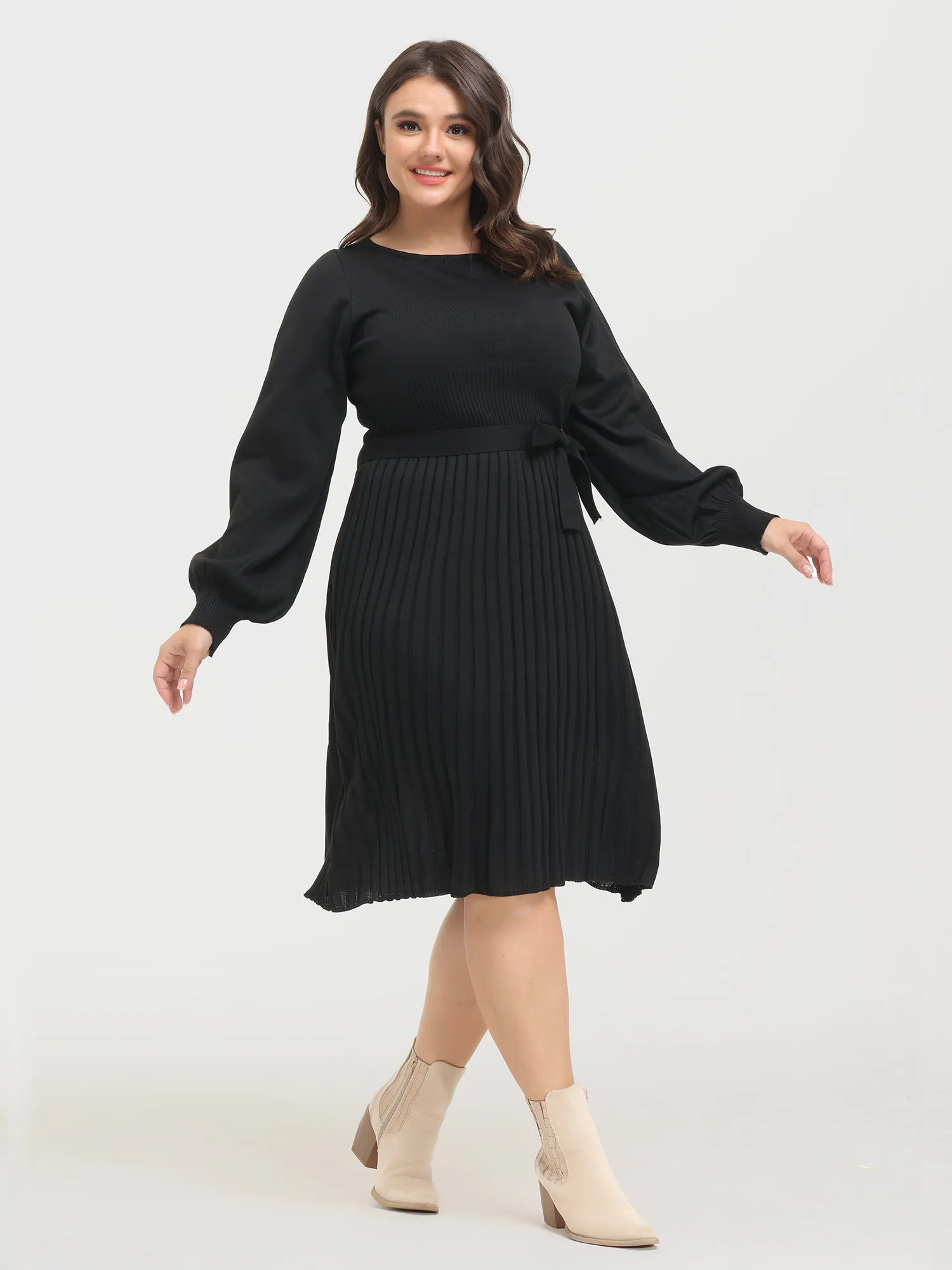 Midsize Puff Sleeve Slim Fit Tie-Up Pleated Knit Dress