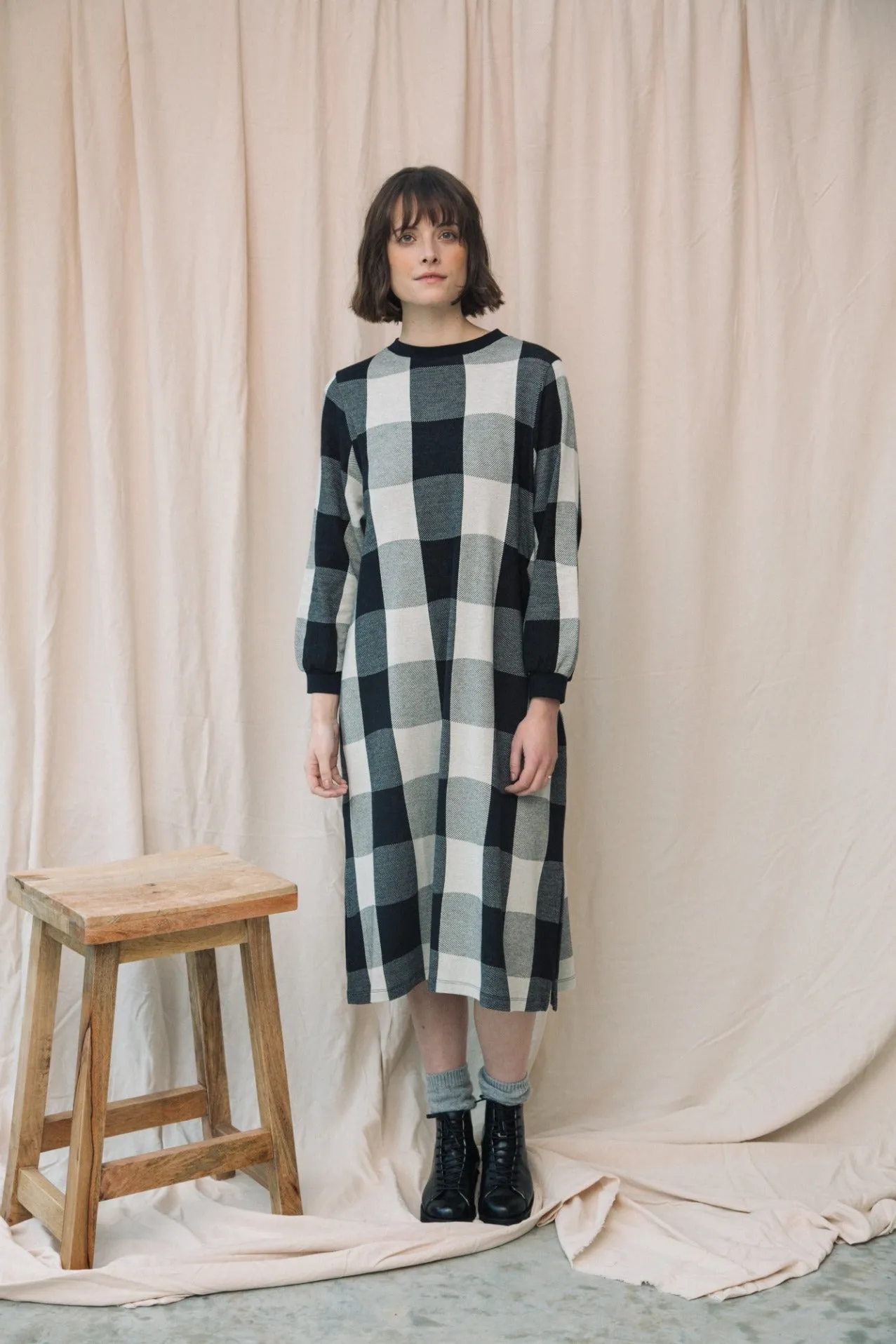 Miki-Cay Organic Cotton Knitted Check Dress in Black and Ecru