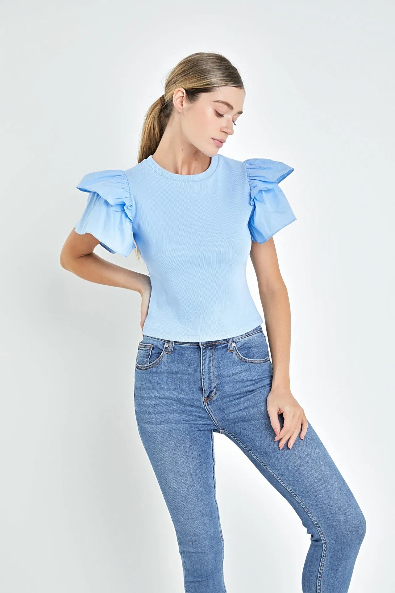 Mixed Media Ruffled Knit Top