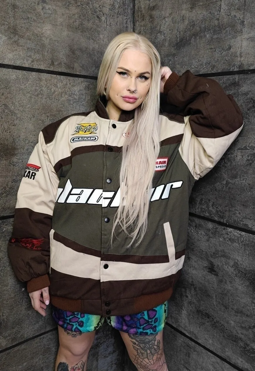 Motorcycle jacket multi patch padded Racing bomber in brown