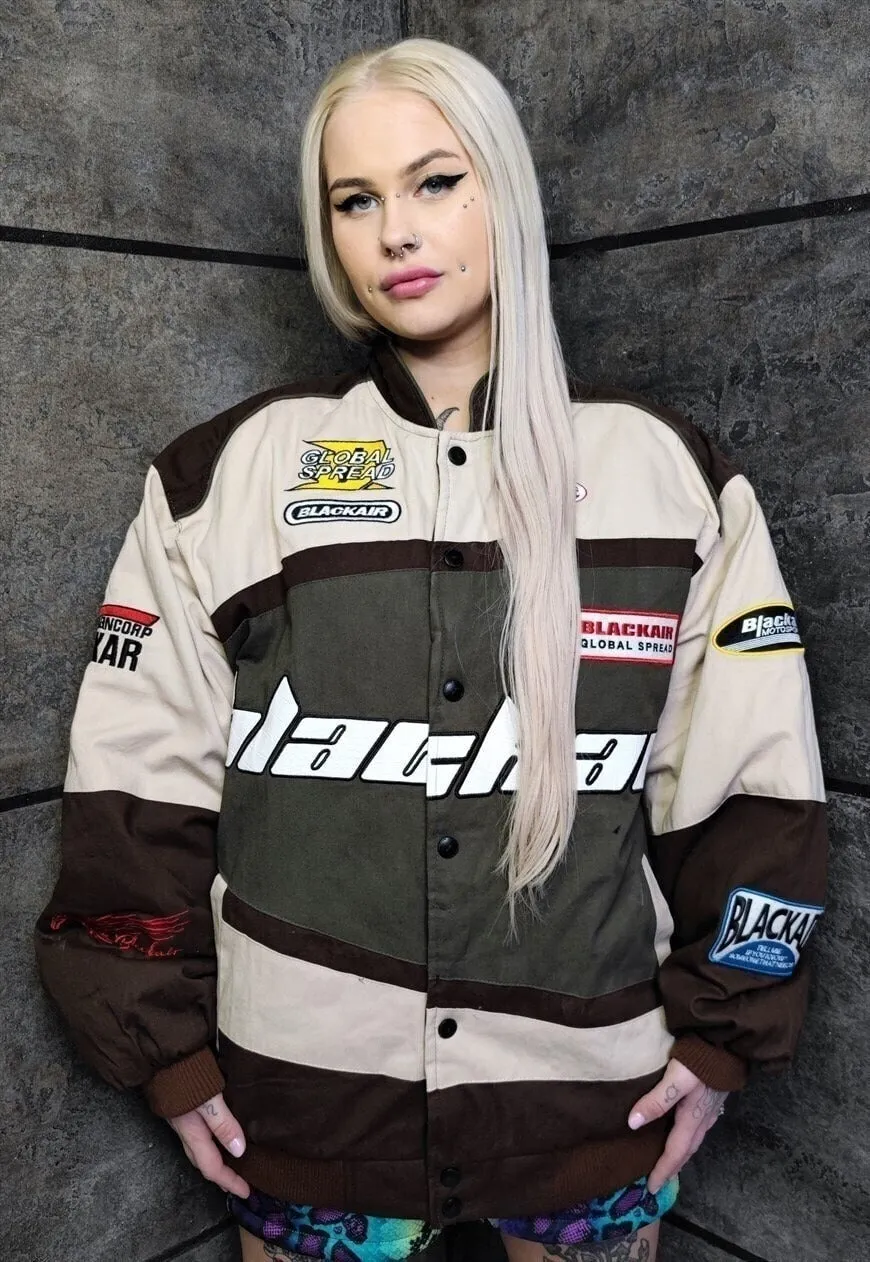 Motorcycle jacket multi patch padded Racing bomber in brown