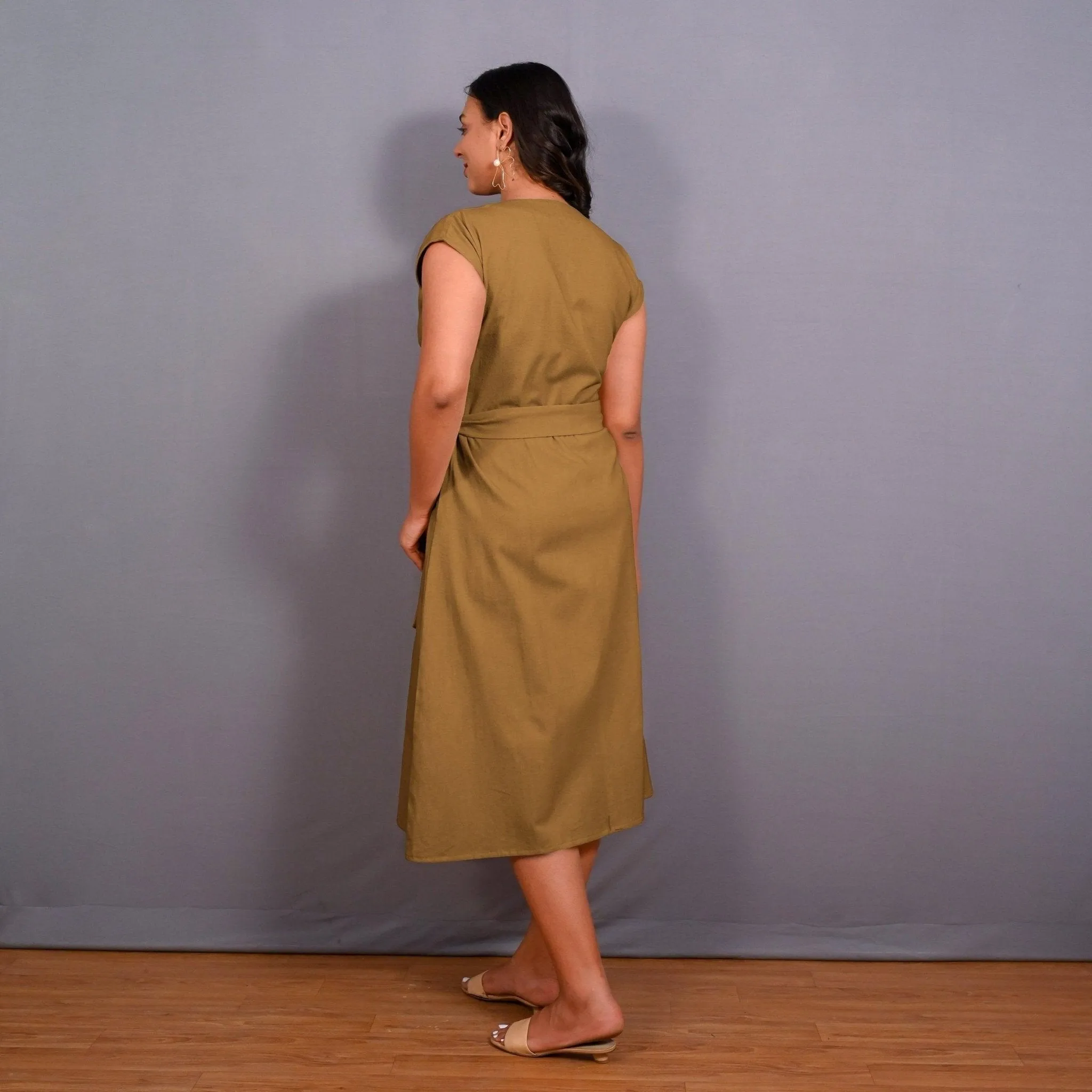 Mustard Warm Cotton Flannel Button-Down A-Line Midi Dress