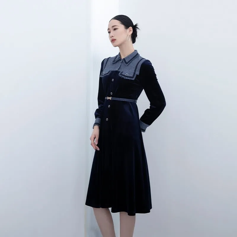 Navy Blue Velvet Slim Midi Dresses