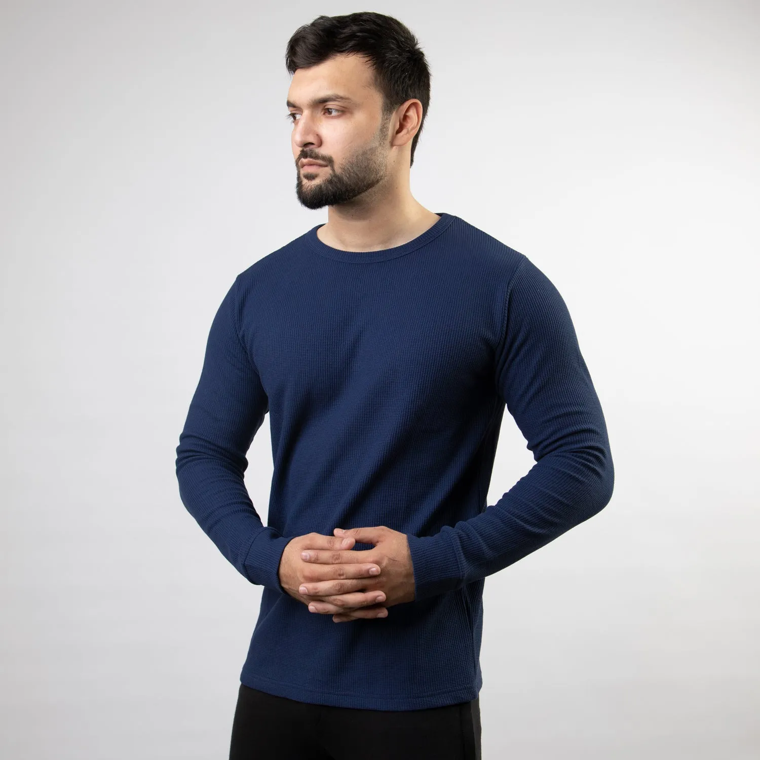 Navy Thermal Full Sleeves Waffle-Knit