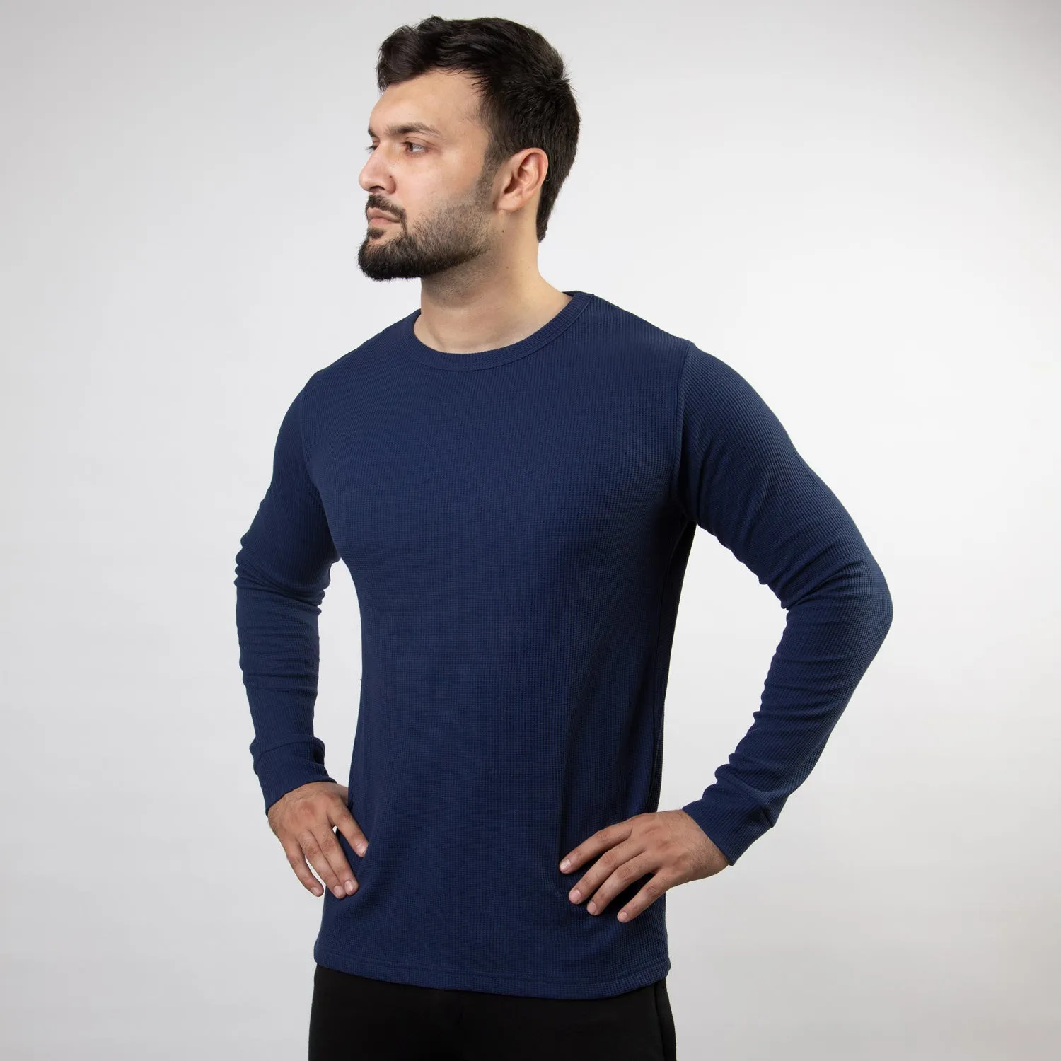 Navy Thermal Full Sleeves Waffle-Knit