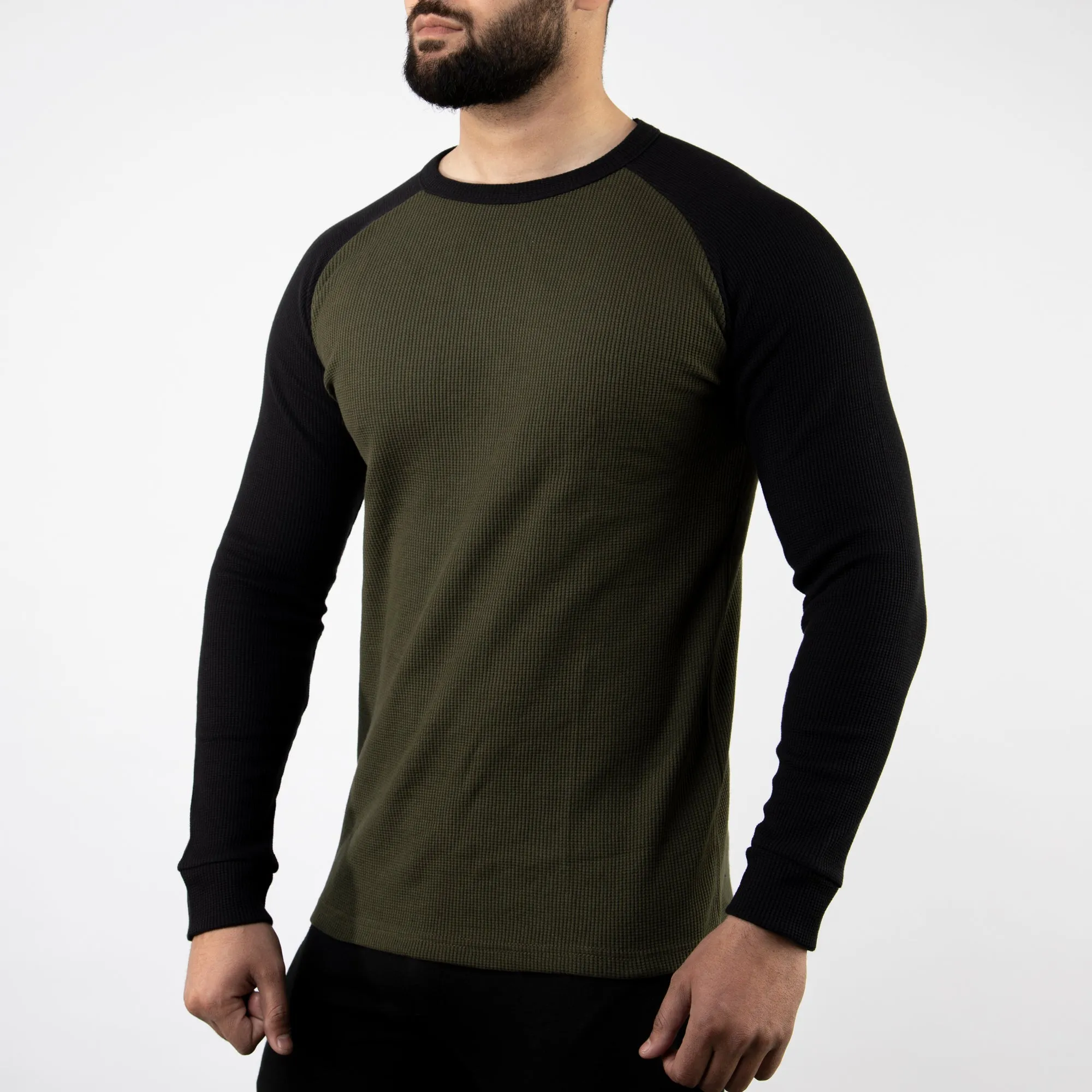 Olive & Black Thermal Waffle-Knit Raglan