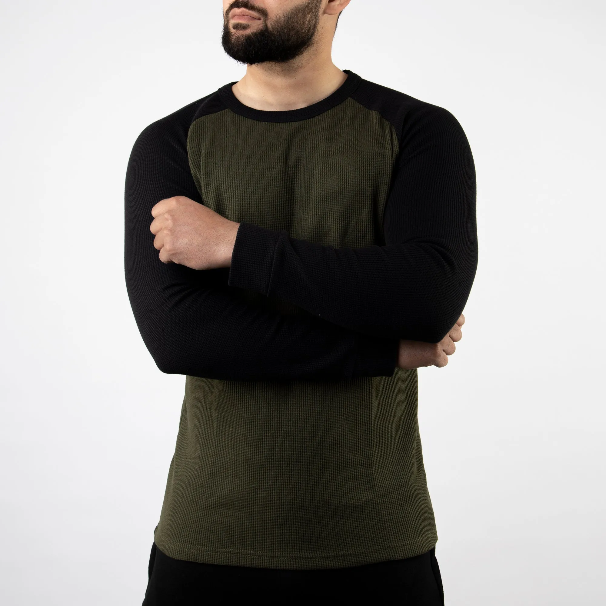 Olive & Black Thermal Waffle-Knit Raglan