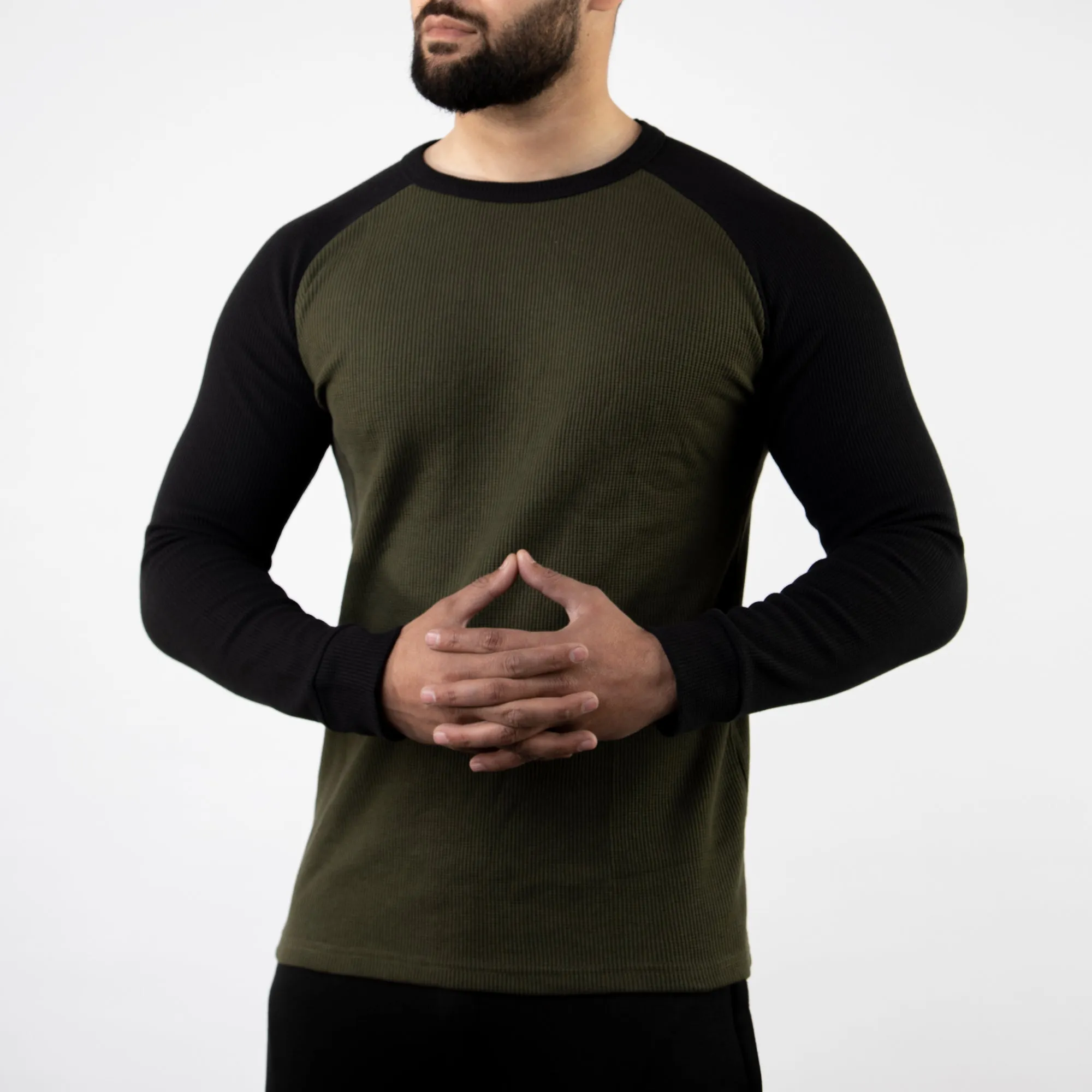 Olive & Black Thermal Waffle-Knit Raglan