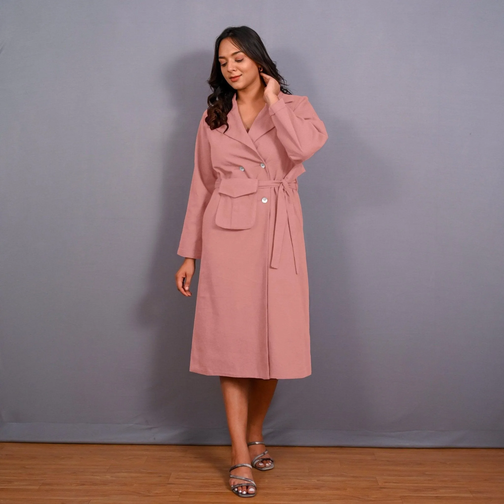 Pink Warm Cotton Flannel Midi Blazer Dress