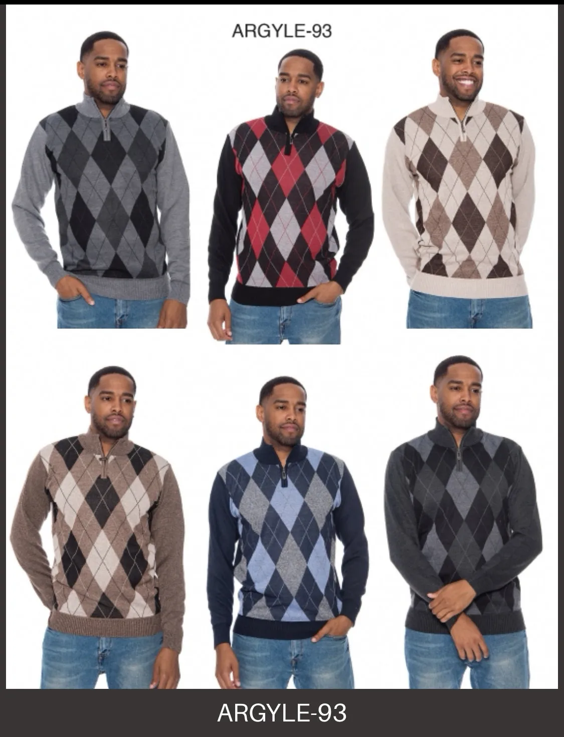 Red Men's Crewneck Sweater Argyle Pattern Quarter Zip Up Long Sleeve Knit Pullover-93