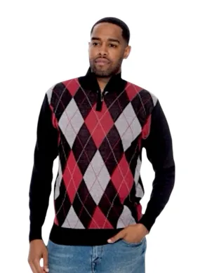 Red Men's Crewneck Sweater Argyle Pattern Quarter Zip Up Long Sleeve Knit Pullover-93