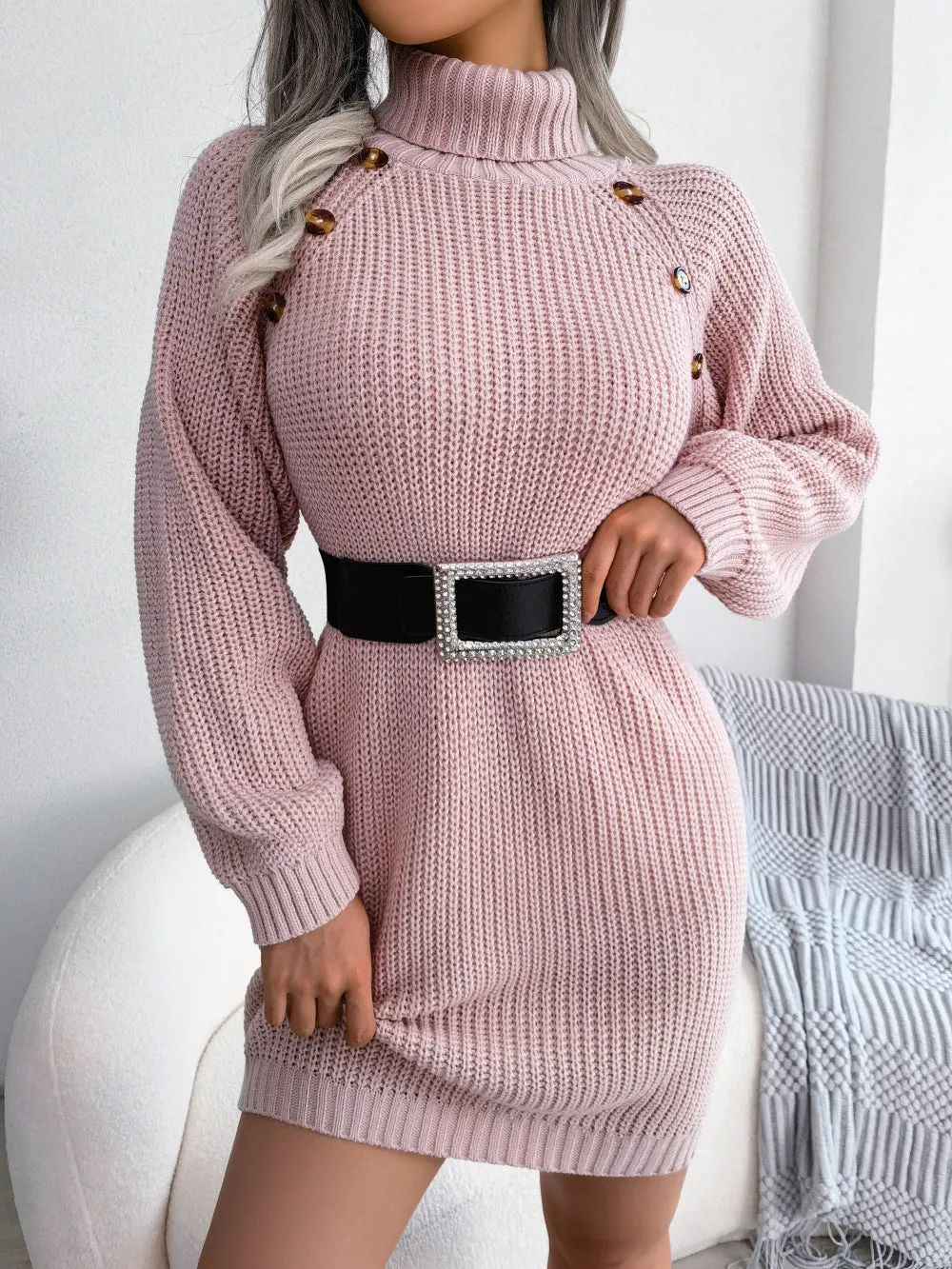 Simple Casual Button High Neck Long Sleeve Bottom Sweater Dress Wholesale Dresses