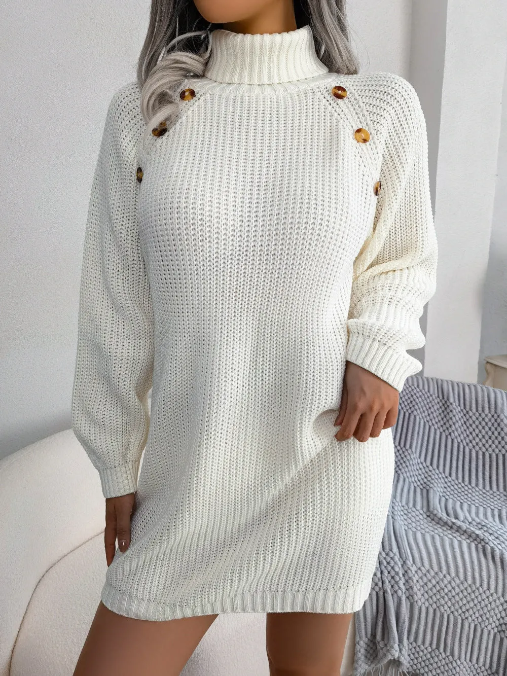 Simple Casual Button High Neck Long Sleeve Bottom Sweater Dress Wholesale Dresses