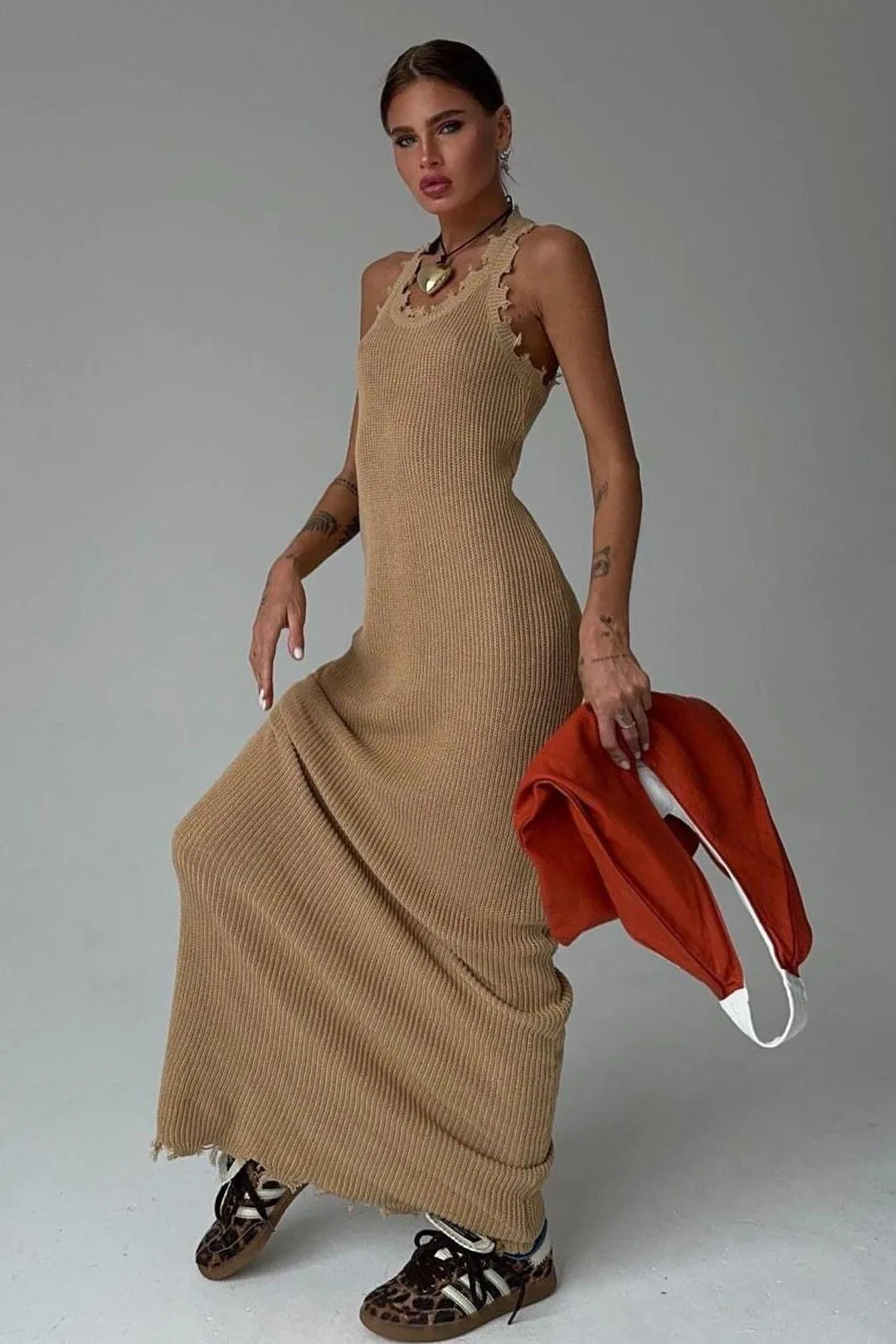 Slim Hip-wrapped Drape Knitted Long dress