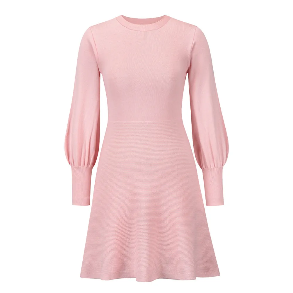 Solid Long Sleeve Knitting Mini Dress