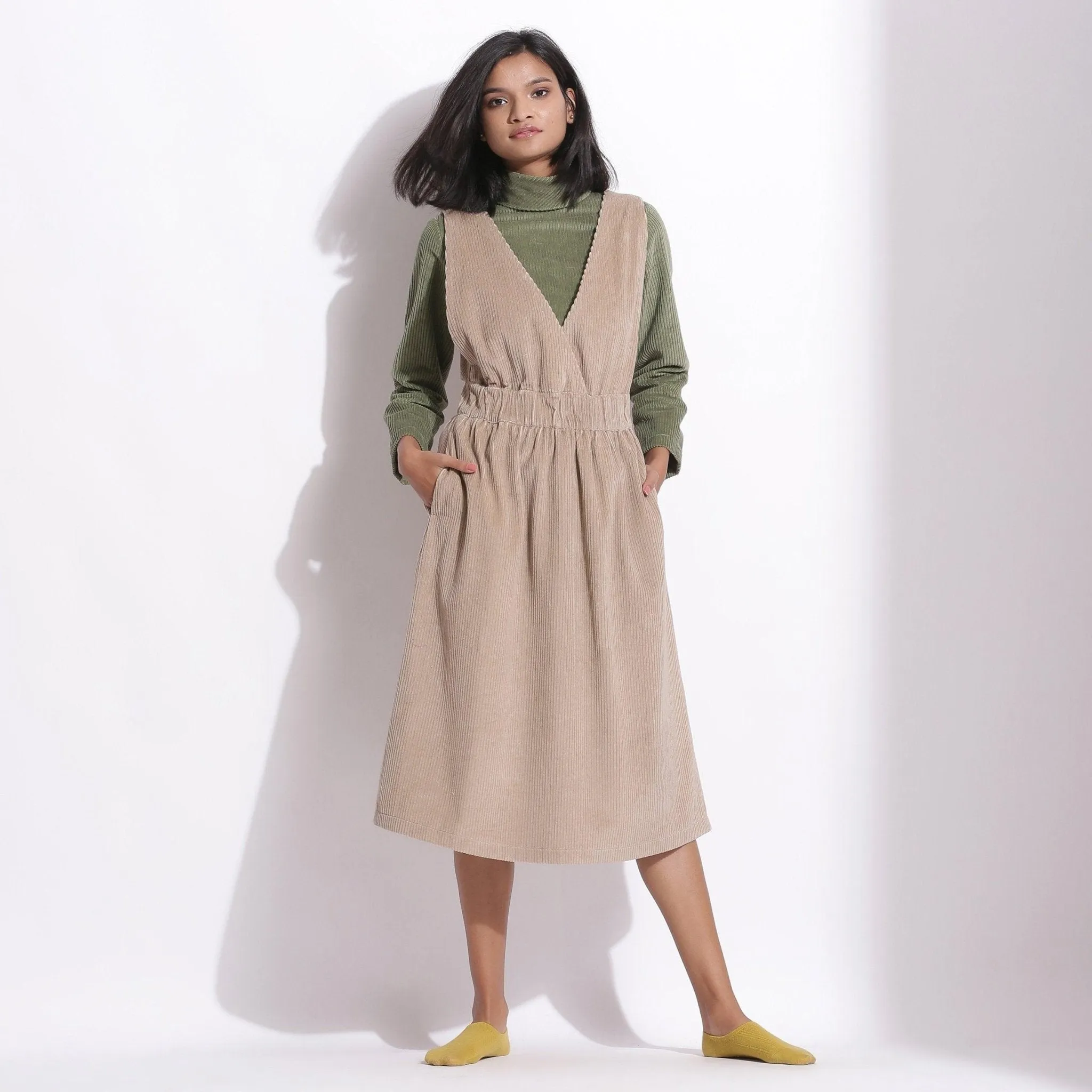 Taupe Beige Warm Cotton Corduroy Pinafore Midi Dress