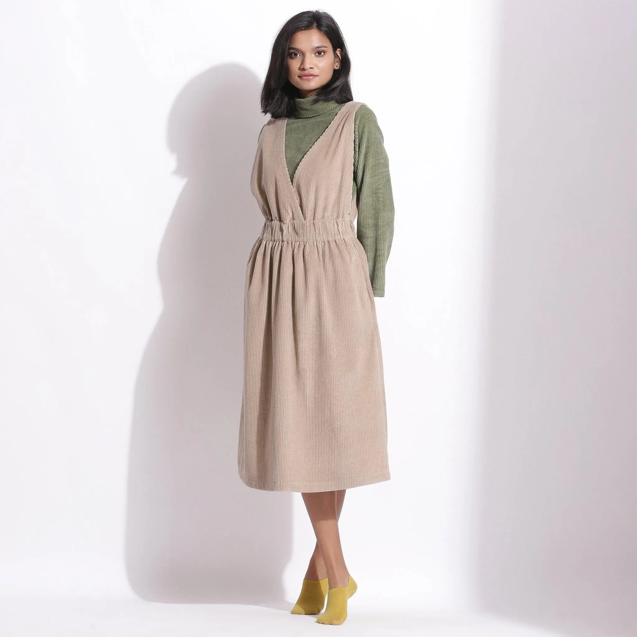 Taupe Beige Warm Cotton Corduroy Pinafore Midi Dress