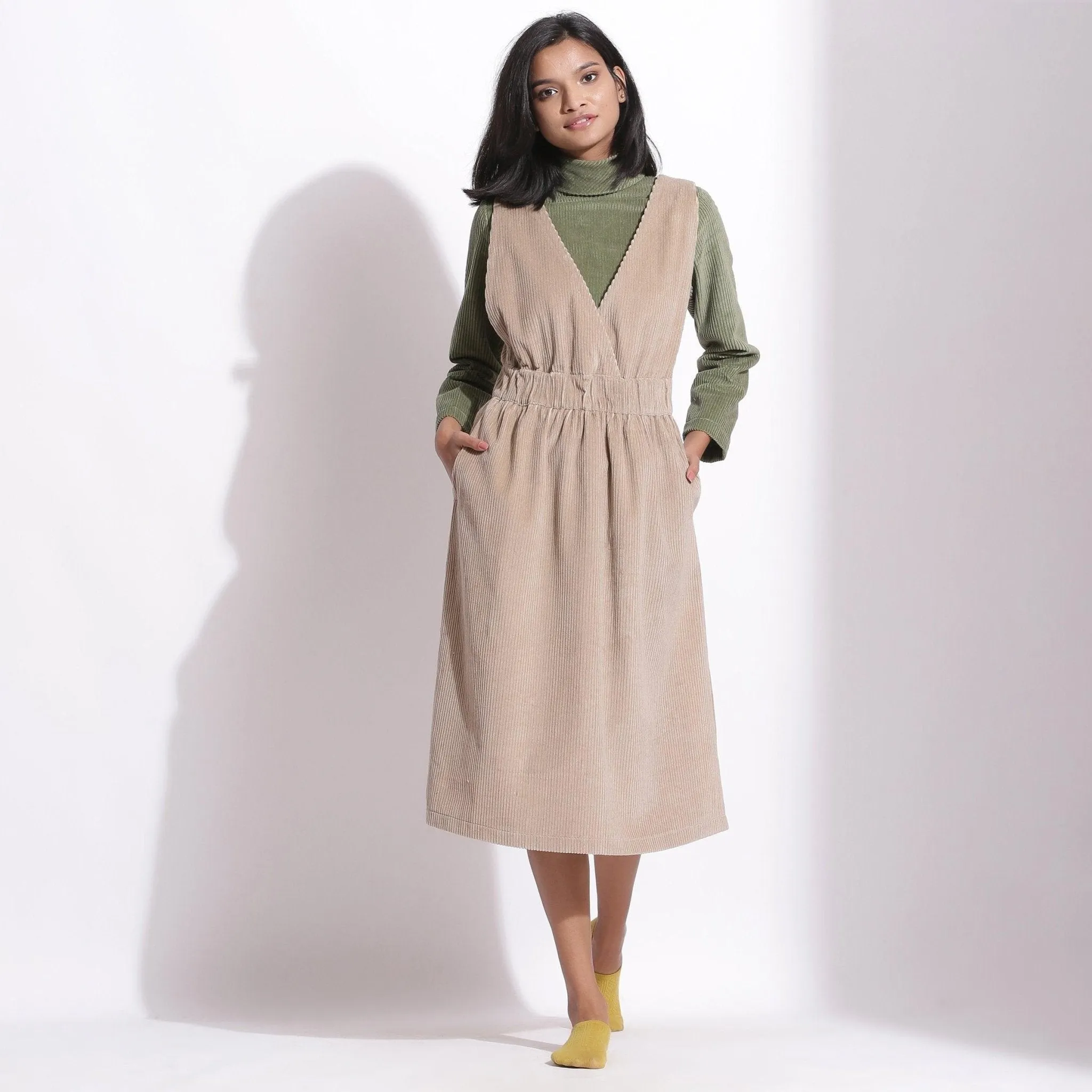 Taupe Beige Warm Cotton Corduroy Pinafore Midi Dress