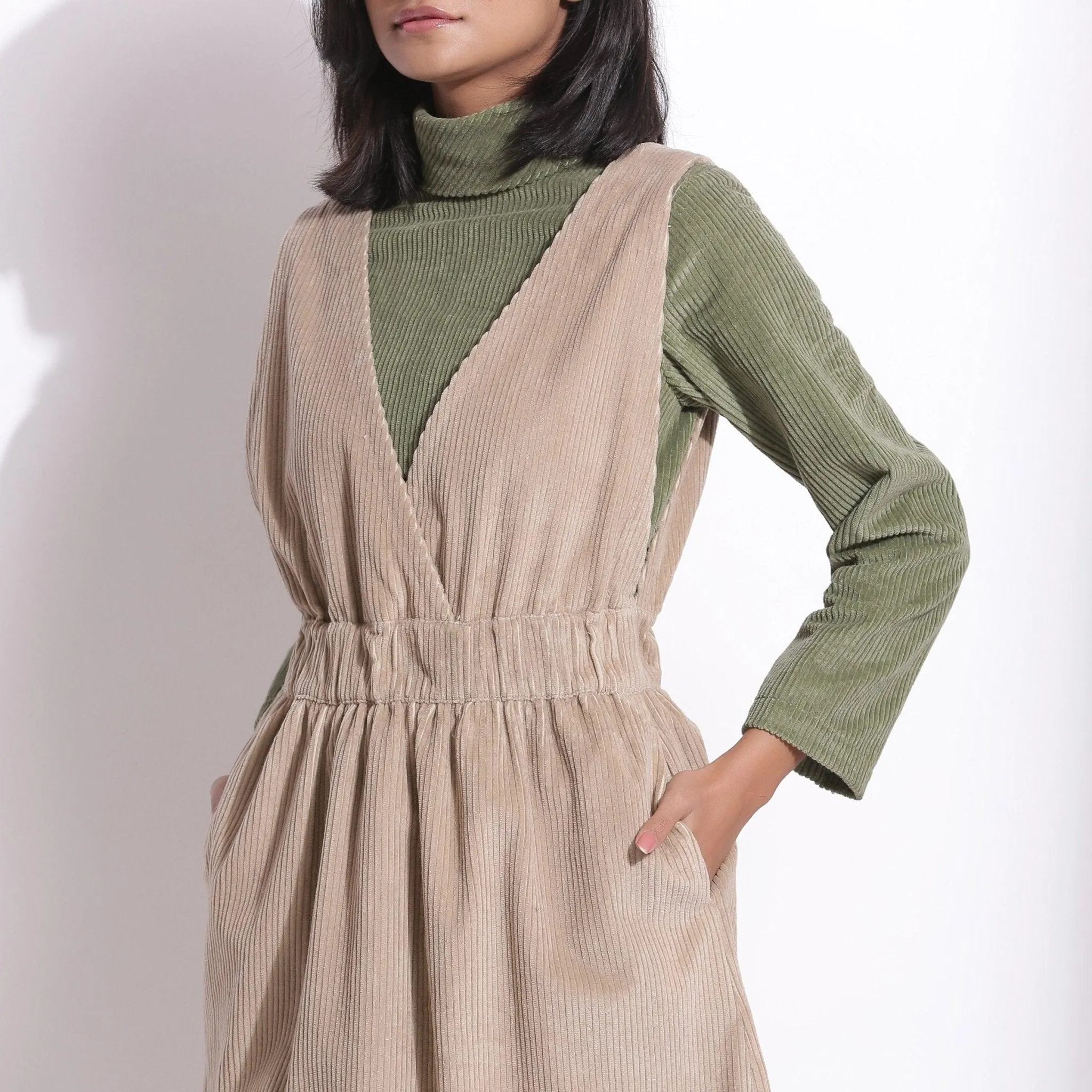 Taupe Beige Warm Cotton Corduroy Pinafore Midi Dress