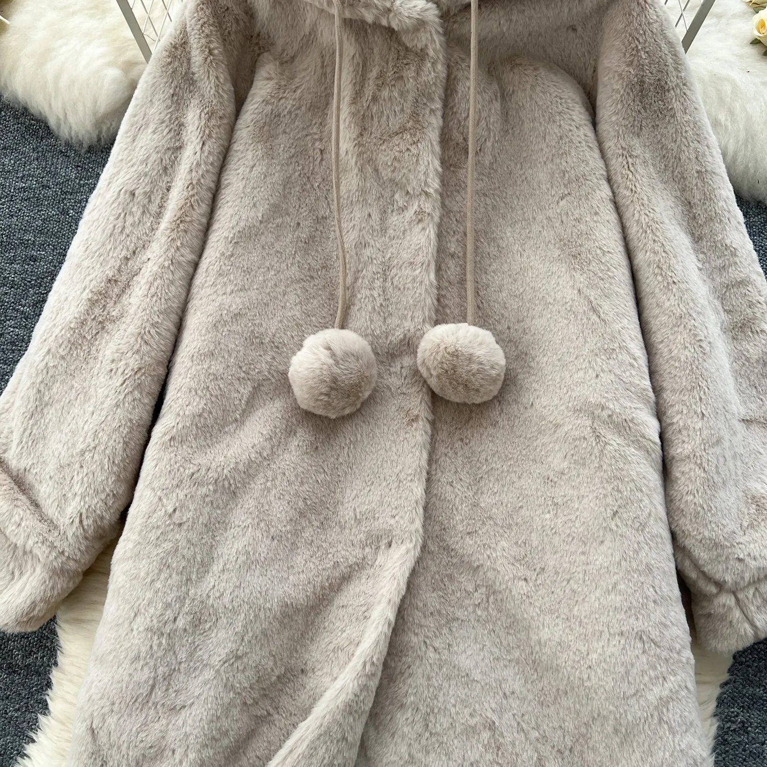 Thermal Fluffy Apricot Hooded Coat