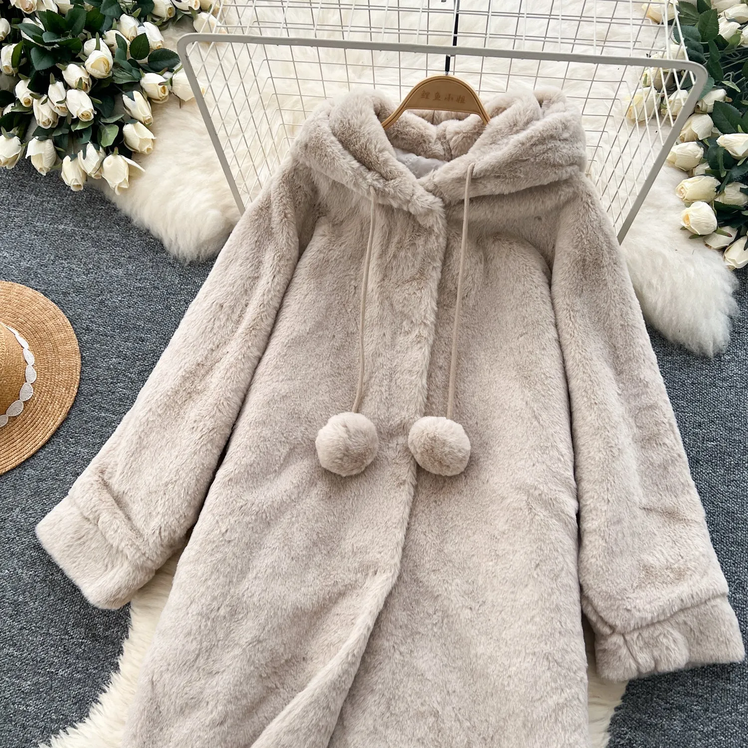 Thermal Fluffy Apricot Hooded Coat