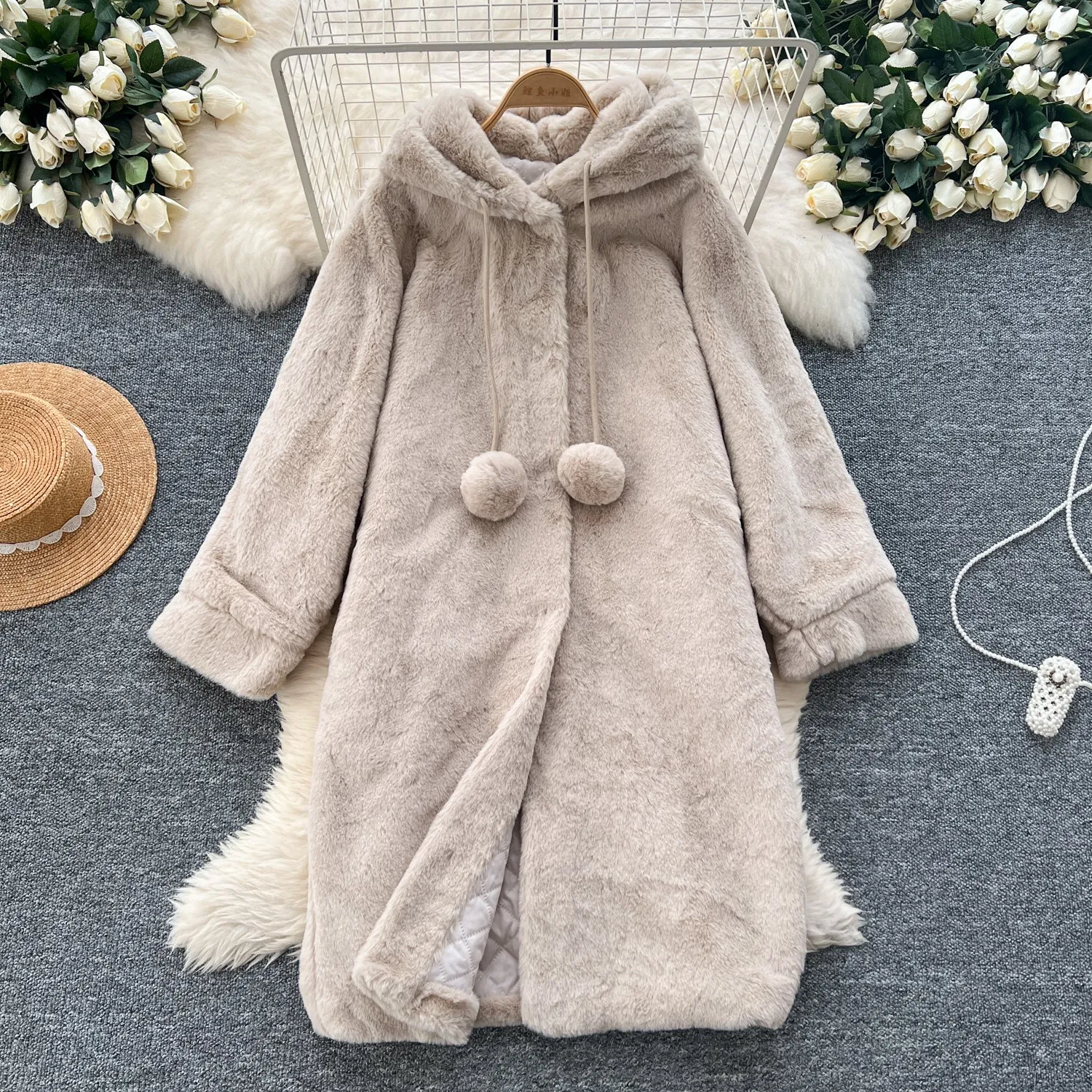 Thermal Fluffy Apricot Hooded Coat