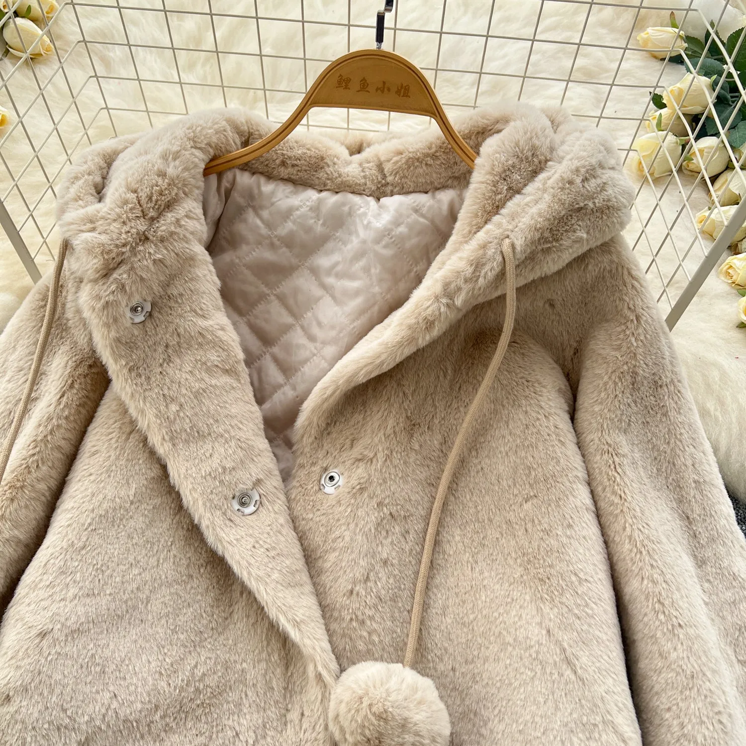 Thermal Fluffy Apricot Hooded Coat