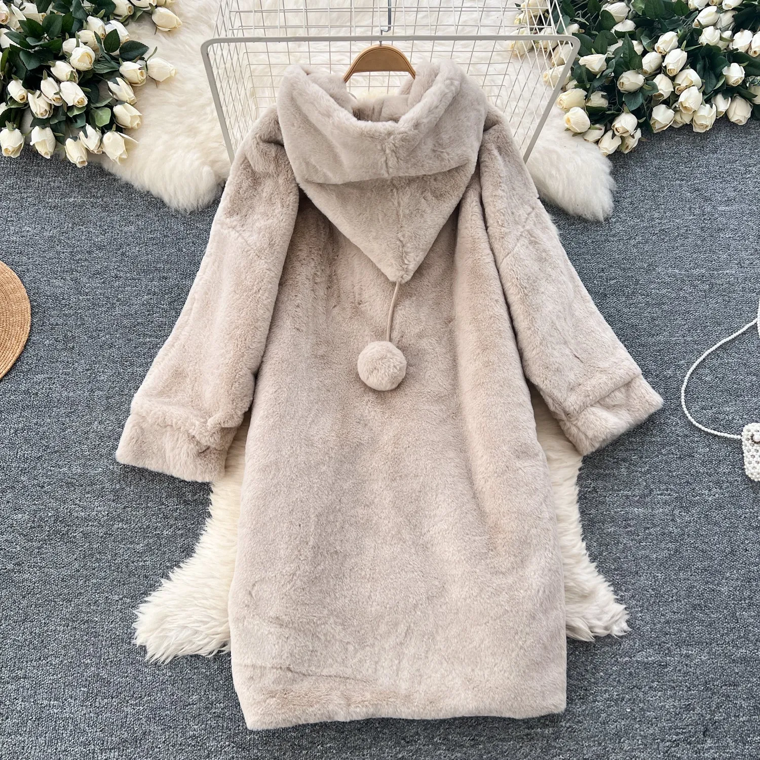 Thermal Fluffy Apricot Hooded Coat