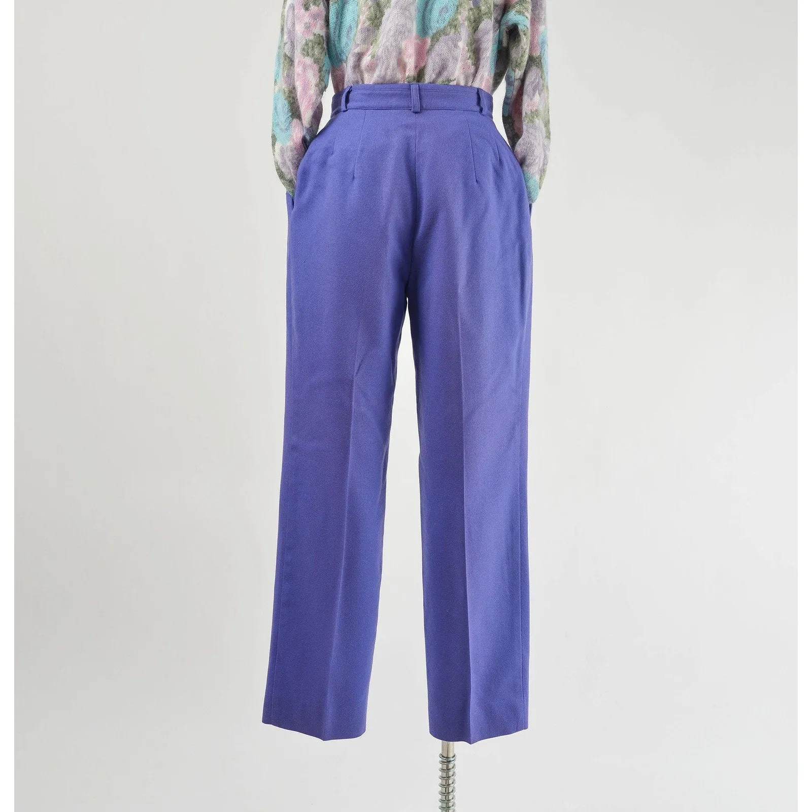 Vintage 80s Purple Wool Pants High Waisted Pleated Front Straight Leg Trousers size Small