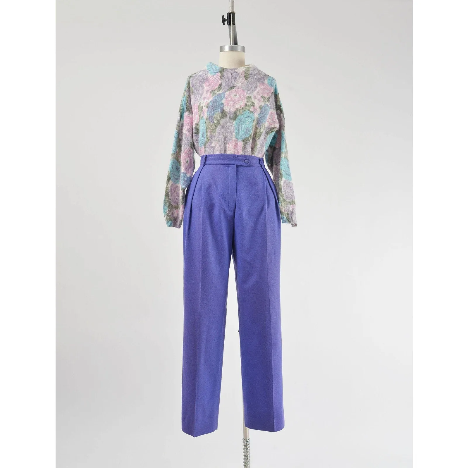 Vintage 80s Purple Wool Pants High Waisted Pleated Front Straight Leg Trousers size Small