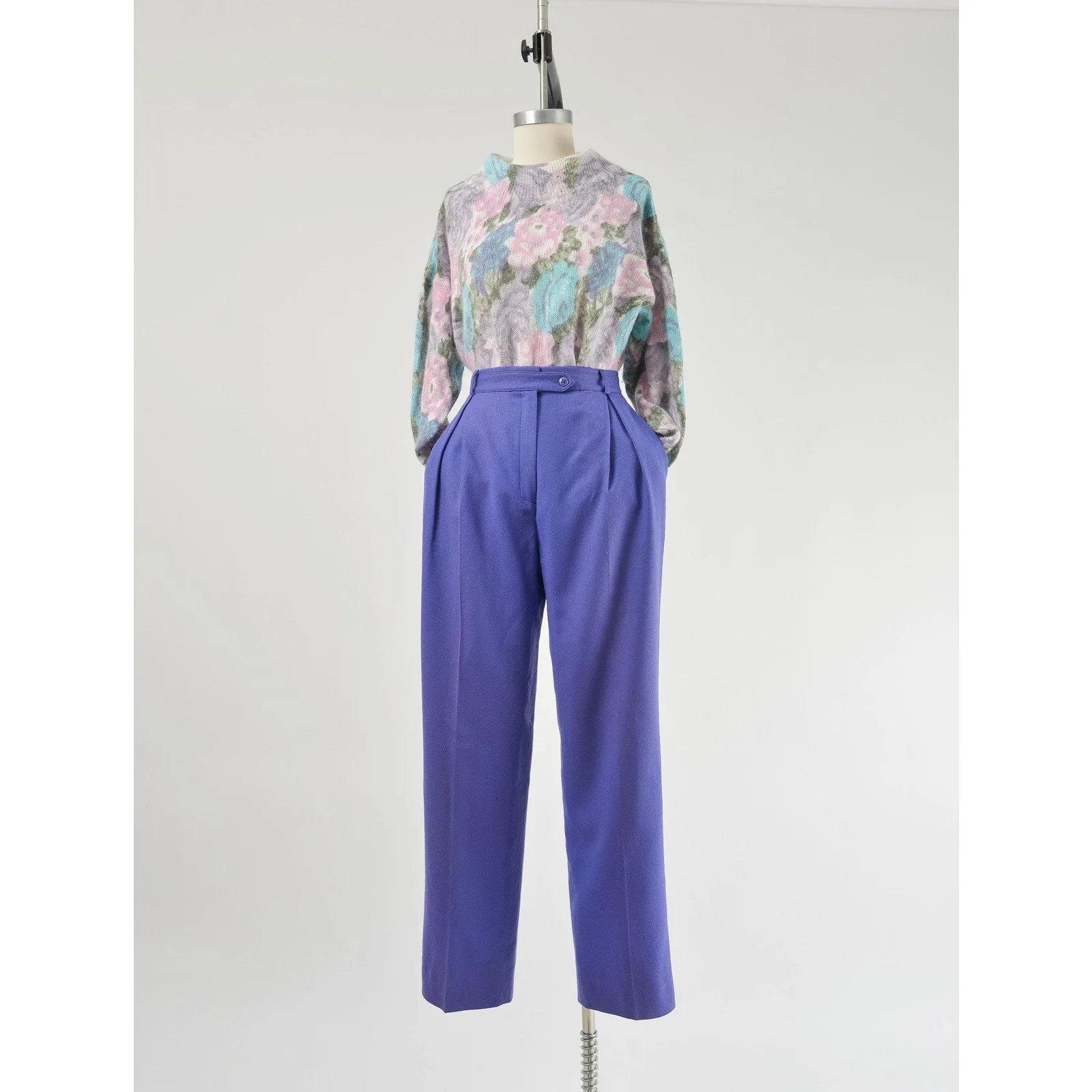 Vintage 80s Purple Wool Pants High Waisted Pleated Front Straight Leg Trousers size Small