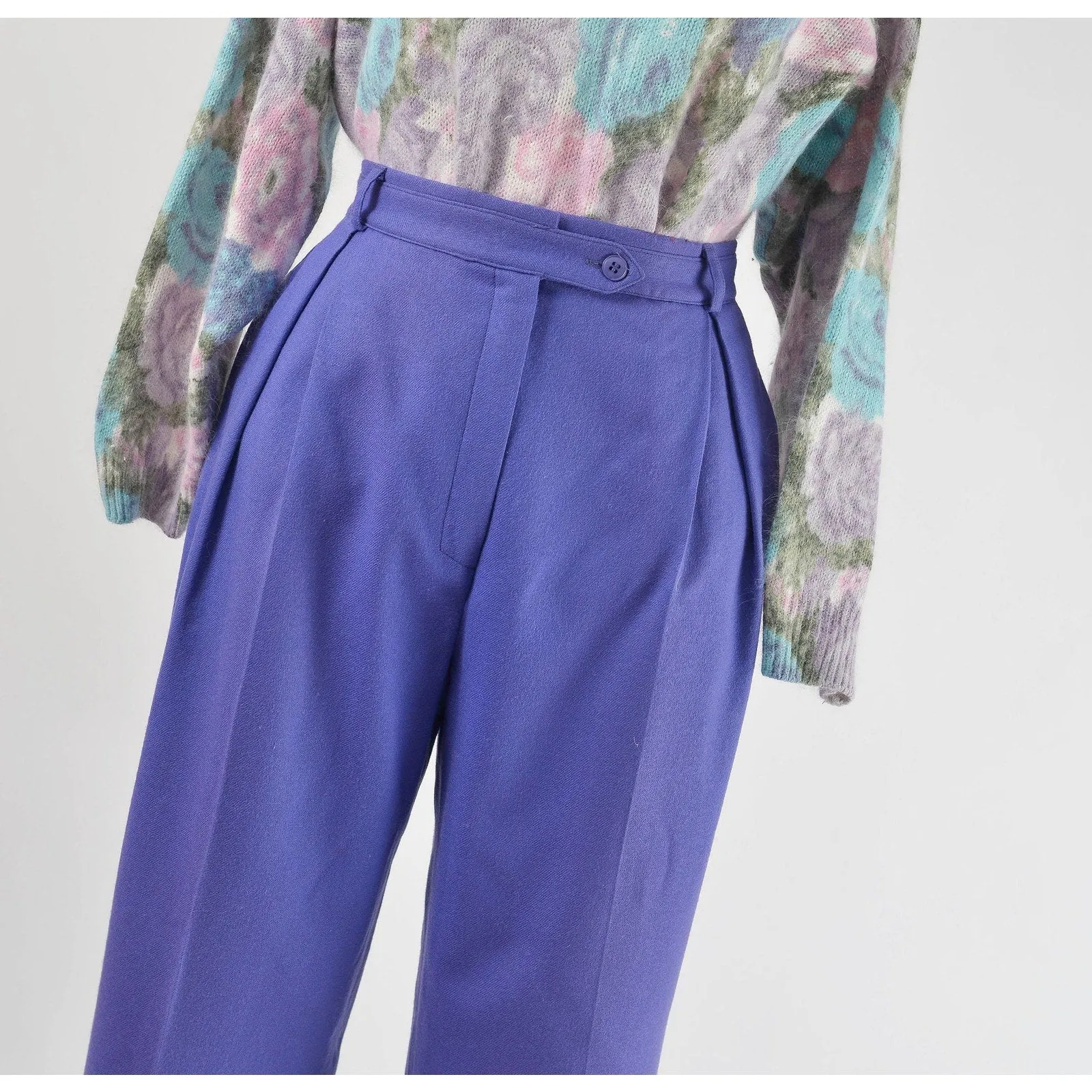 Vintage 80s Purple Wool Pants High Waisted Pleated Front Straight Leg Trousers size Small