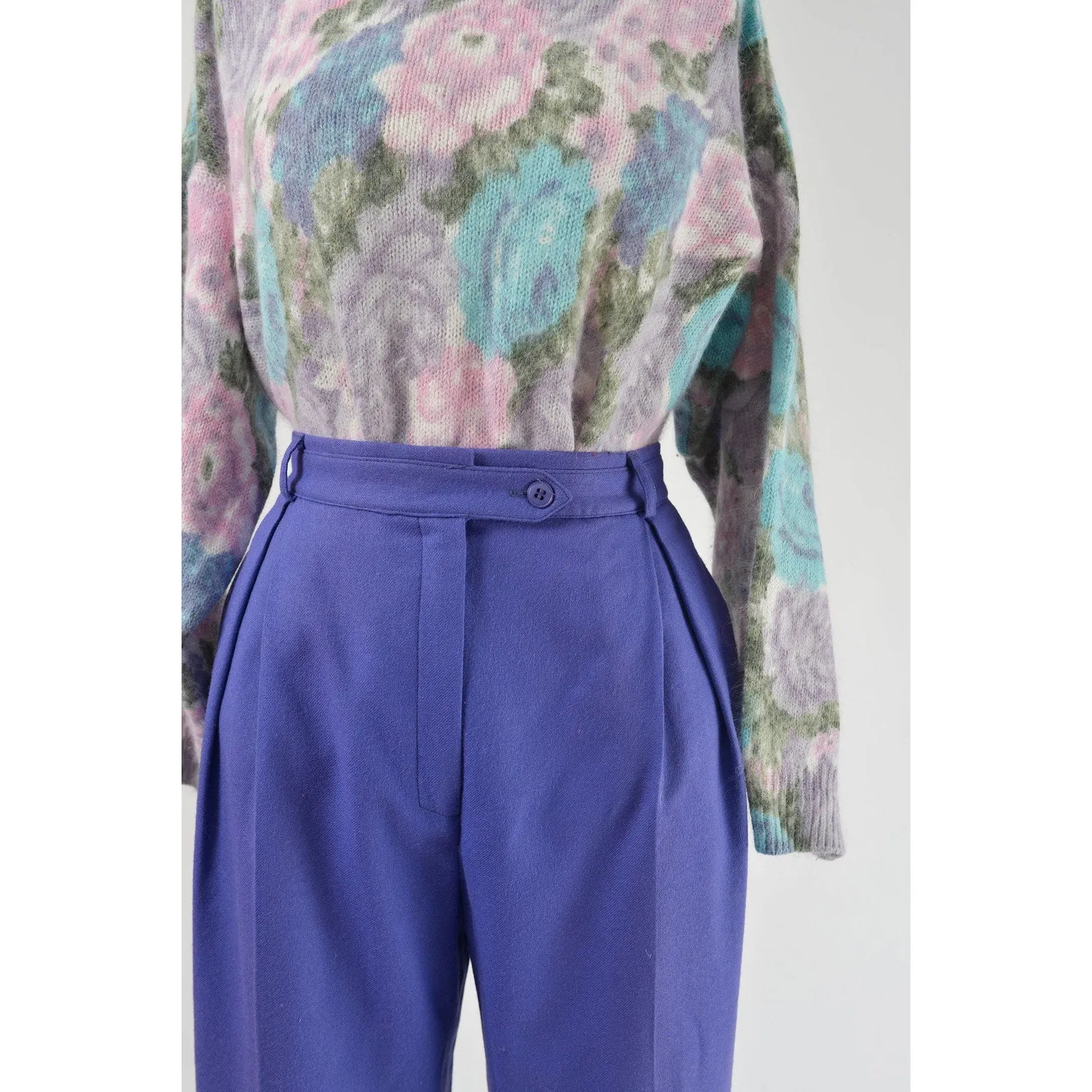 Vintage 80s Purple Wool Pants High Waisted Pleated Front Straight Leg Trousers size Small